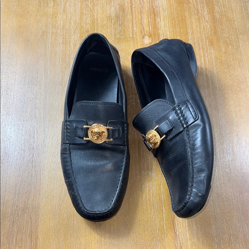 Versace Black Leather Slip-On Loafers with Gold Medusa Accent